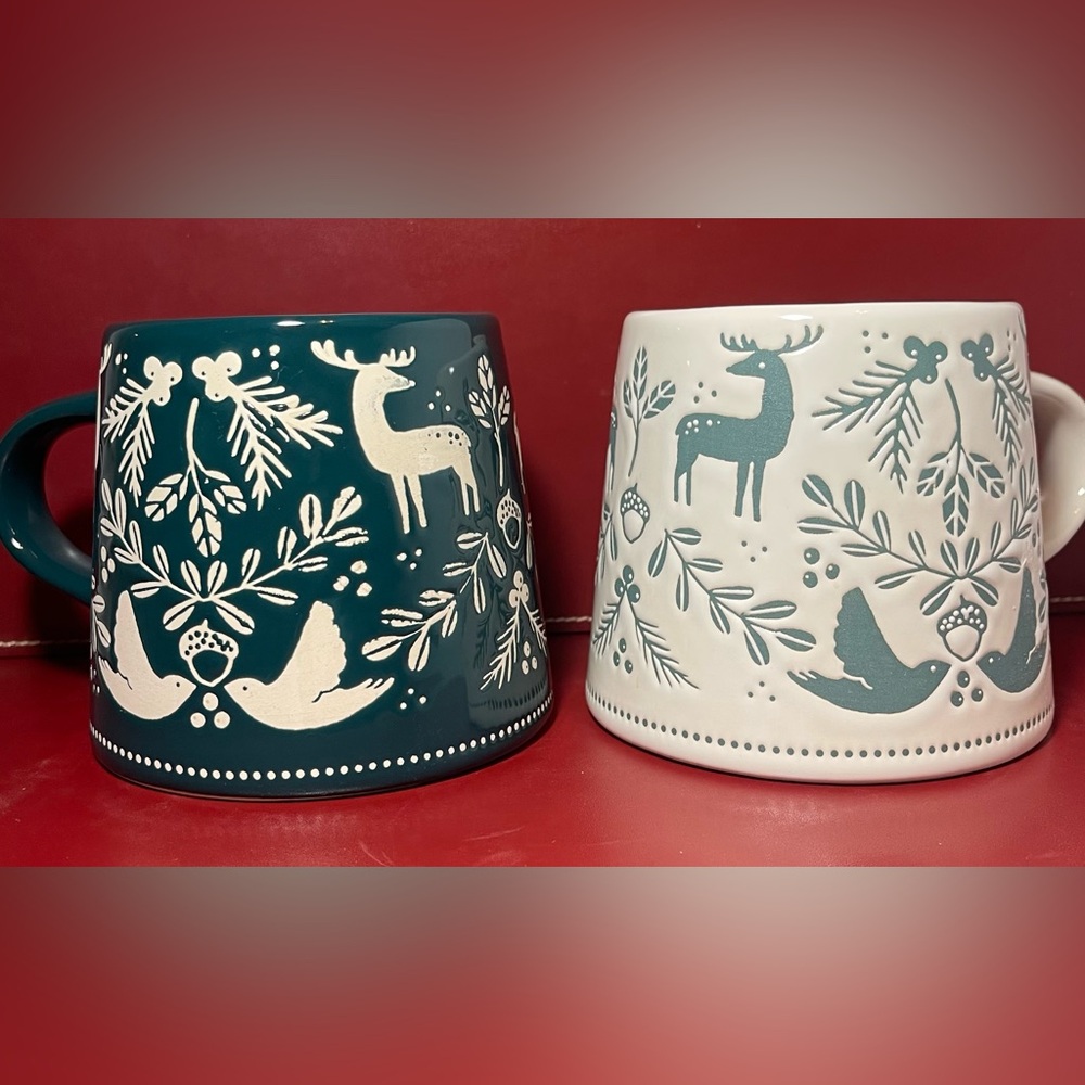 Tabletops Gallery Holiday Ceramic Mug Duo - Teal and Cream